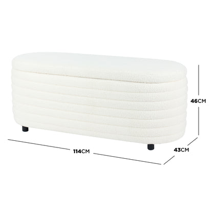 Hartwin 114cm Boucle Ottoman with Storage in Cream White, featuring off-white bouclé fabric, four black legs, and a low, oval shape, perfect for bedroom decor and additional storage.
