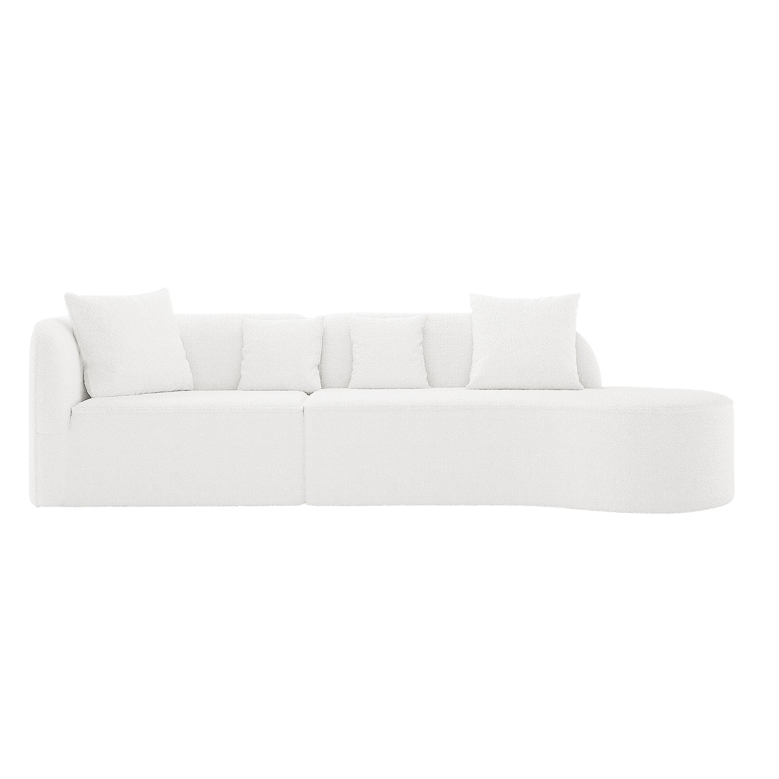 Hattie 4 Seater Boucle Sofa in Cream White features a modern, modular design with a low backrest, curved chaise lounge, and matching throw pillows, all upholstered in textured bouclé fabric.