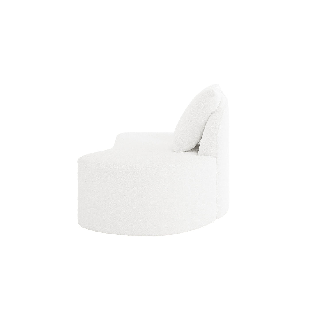 Hattie 4 Seater Boucle Sofa in Cream White, featuring a modern, single-seat module with a textured bouclé fabric, cylindrical base, low curved backrest, and a loose cushion for a contemporary look.