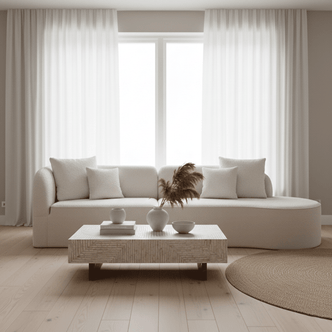 Hattie 4 Seater Boucle Sofa in Cream White, showcasing its curving design, plush texture, and matching throw pillows, sits invitingly in a bright, minimal-modern living room with ocean views.