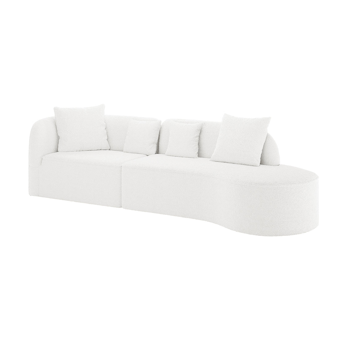 Hattie 4 Seater Boucle Sofa in Cream White, featuring a modern, all-white upholstered sectional design with a straight seat, curved chaise end, and four matching throw pillows on a white background.