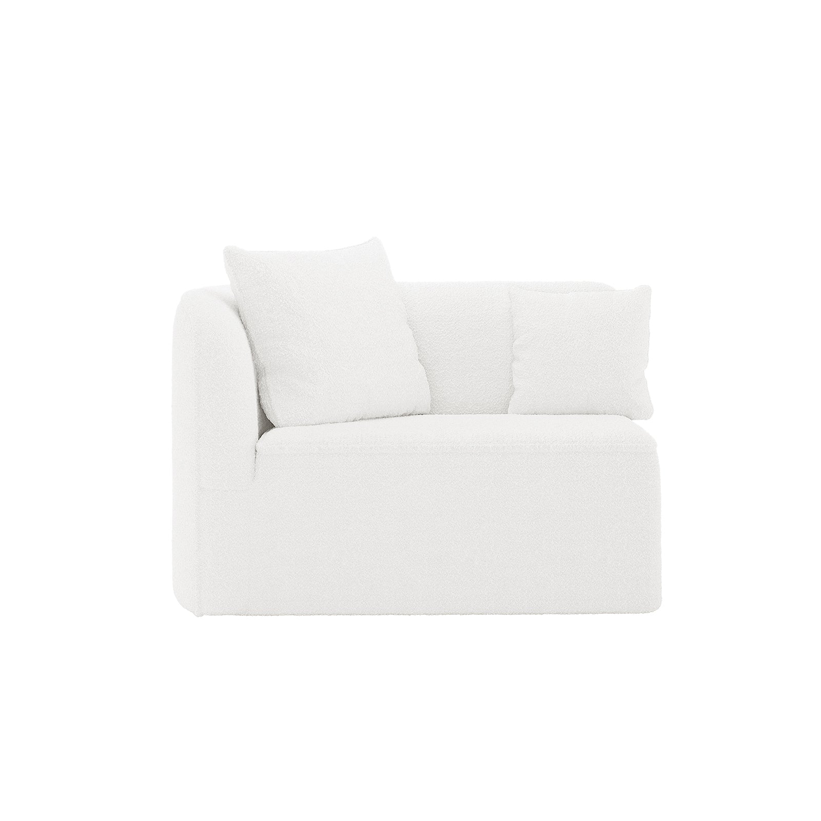 Hattie 4 Seater Boucle Sofa in Cream White, featuring a modular corner unit with plush upholstered design and two matching throw pillows, offering luxurious softness and sophisticated texture.