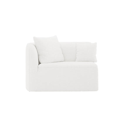 Hattie 4 Seater Boucle Sofa in Cream White, featuring a modular corner unit with plush upholstered design and two matching throw pillows, offering luxurious softness and sophisticated texture.