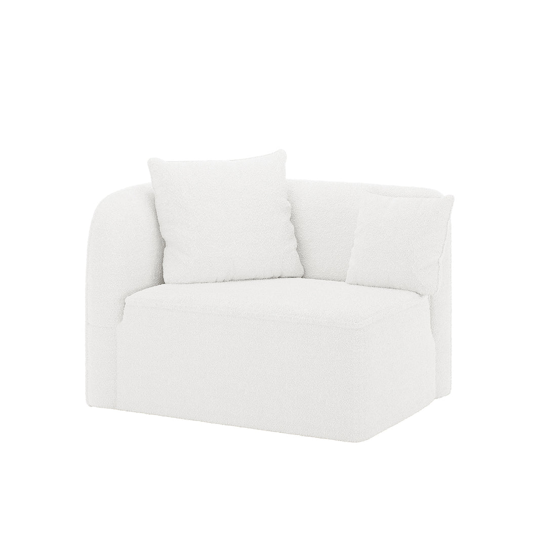 Hattie 4 Seater Boucle Sofa in Cream White, featuring a modular corner seat with a rounded back, armrest, and two loose cushions, upholstered in soft, textured boucle fabric.