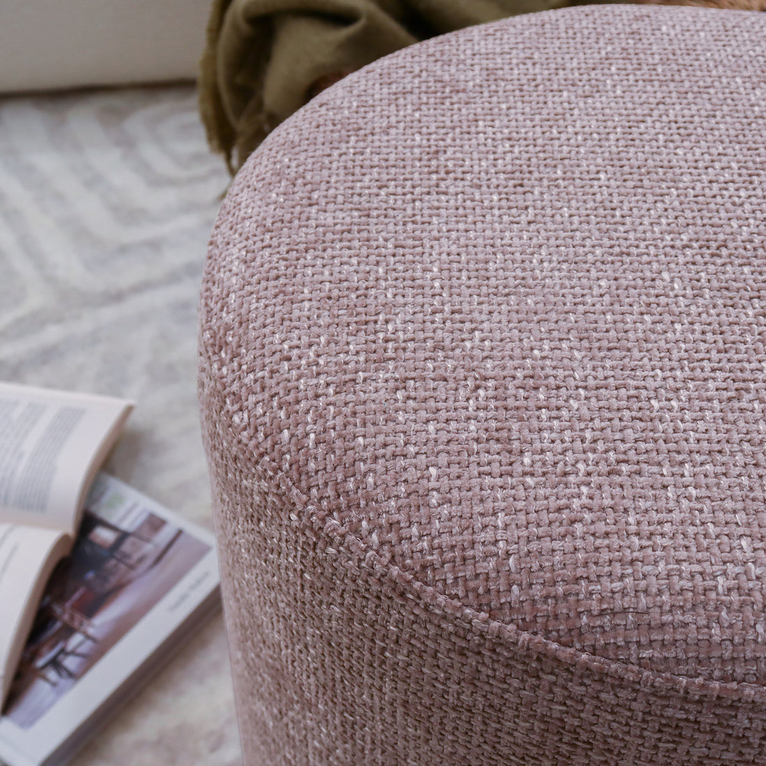 Hiboa Chenille Ottoman Stool Light Pink, showcasing its plush chenille texture, thick foam padding, and solid wood frame, perfect for seating, footrest, or side table use.