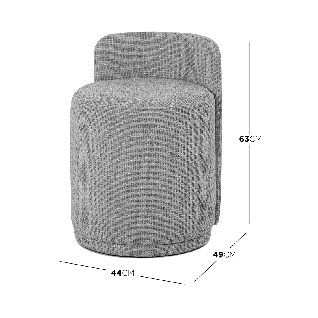 Close-up of the Hiboa Chenille Ottoman Stool Warm Grey, highlighting its soft chenille upholstery and plush cushioning, designed as a versatile cylinder-shaped seat or footrest with a solid wood frame.
