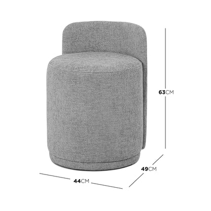 Close-up of the Hiboa Chenille Ottoman Stool Warm Grey, highlighting its soft chenille upholstery and plush cushioning, designed as a versatile cylinder-shaped seat or footrest with a solid wood frame.