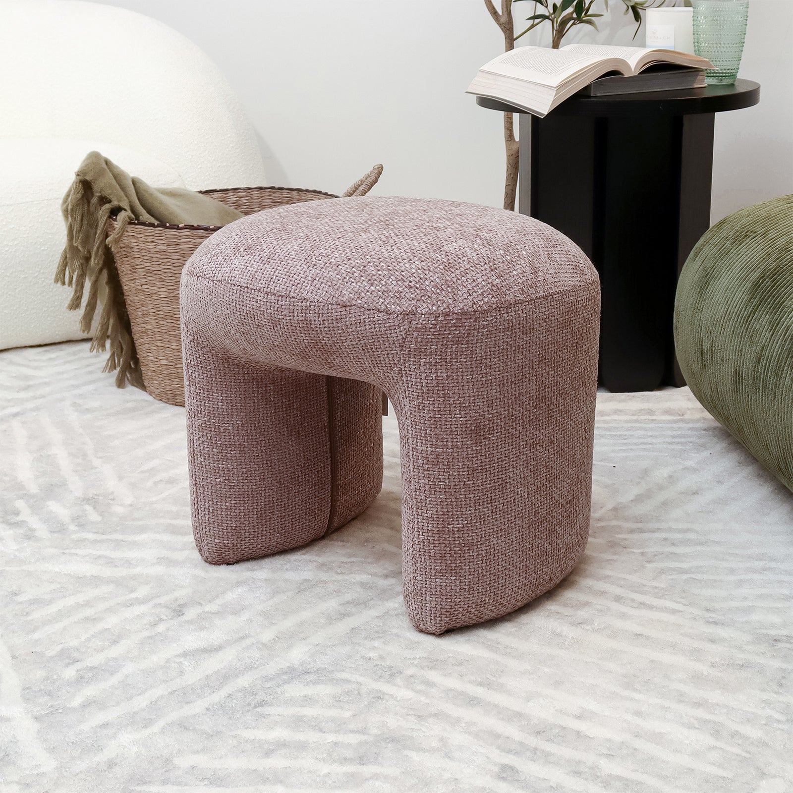 Hirokoz Chenille Ottoman Stool in Light Pink, showcasing its plush chenille fabric and solid wood frame, designed for versatile use as a footrest, seat, or stylish accent piece.