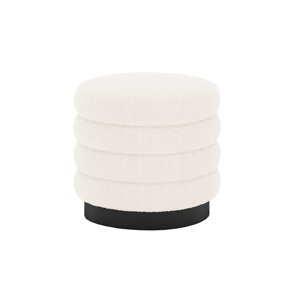 Irina Boucle Ottoman Stool Cream White, featuring a plush, round design with a black metal base, showcasing boucle fabric's texture and modern ribbed detailing.