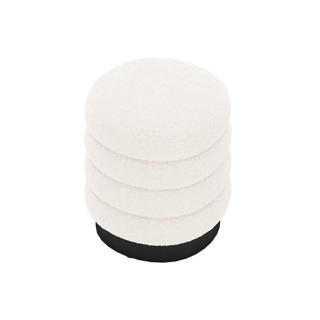 Irina Boucle Ottoman Stool Cream White in a close-up view, showcasing its boucle fabric texture, rounded shape, and sturdy metal base for modern decor.