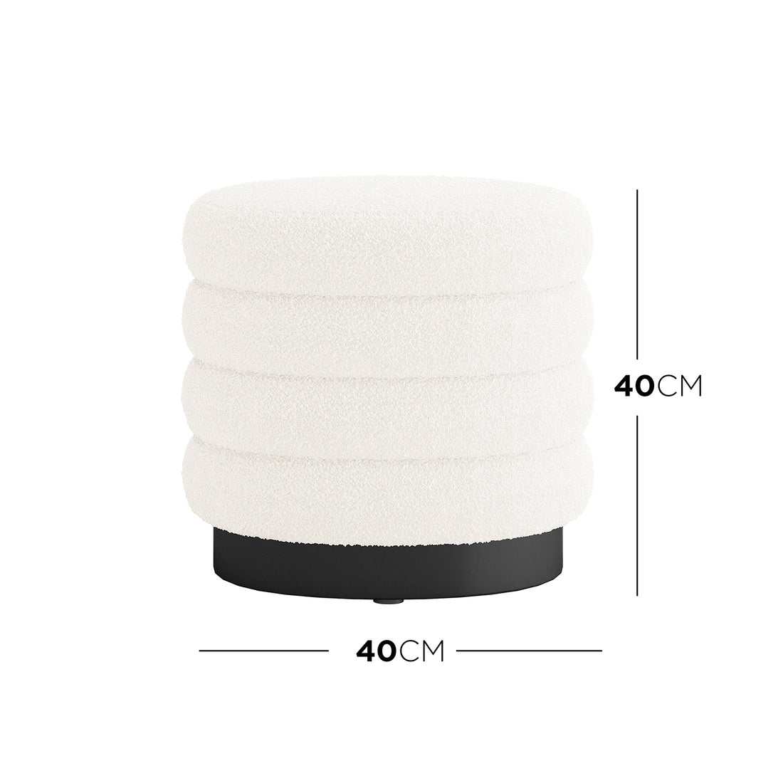 Dimension of Irina Boucle Ottoman Stool Cream White, featuring a round design with a black metal base, showcasing boucle fabric texture for stylish extra seating.