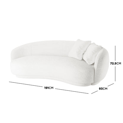 A product specification graphic of the curved white bouclé sofa against a white background, showing dimensional lines and measurements: 191 cm width, 93 cm depth, and 72.5 cm height.