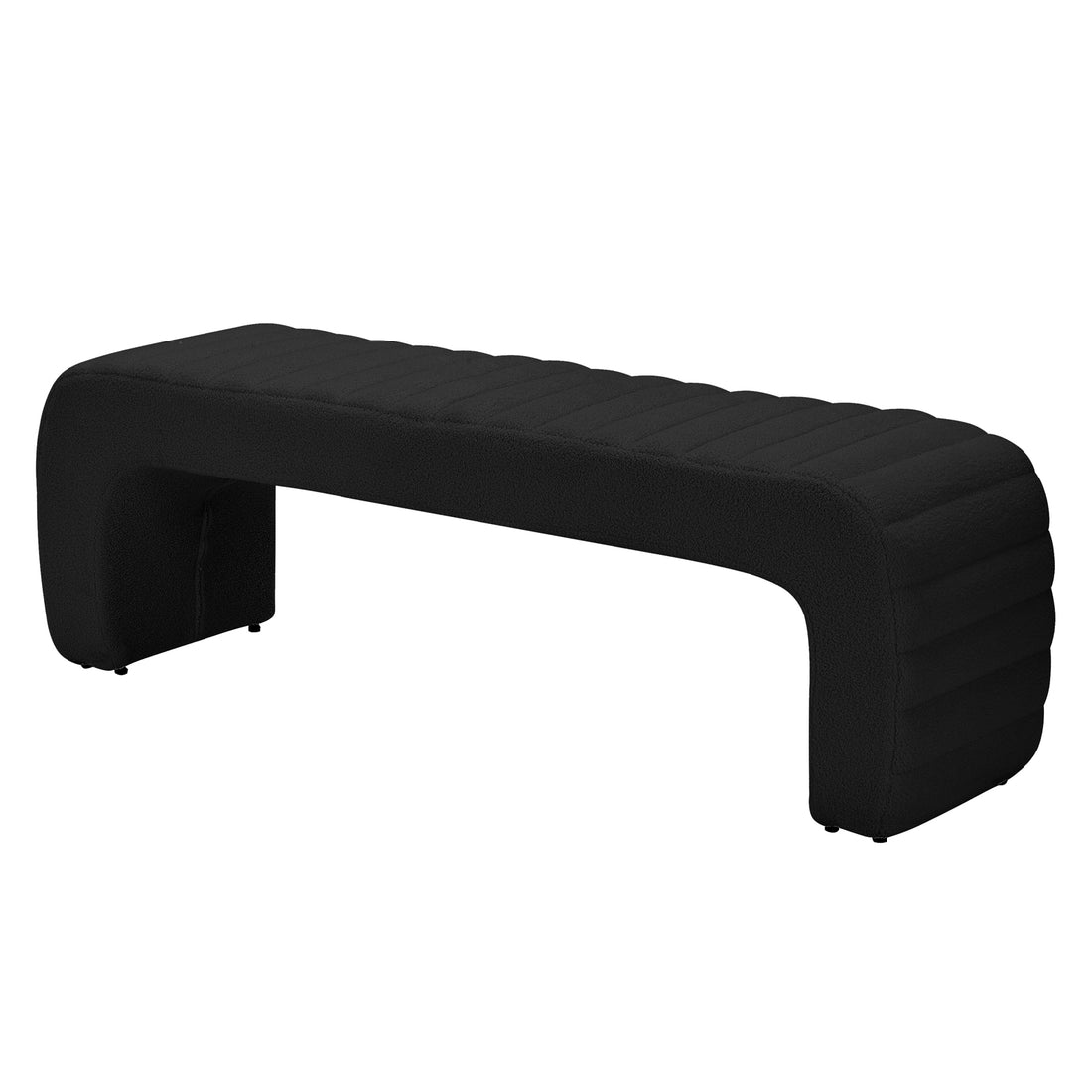 Josie Curved Boucle Fabric Bench Seat in Black features a U-shaped, backless design with black upholstery. The seat and legs share a seamless fabric wrap, highlighted by subtle channel-style tufting.