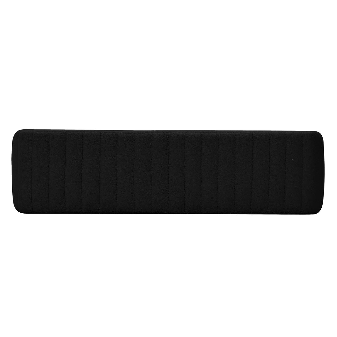 Josie Curved Boucle Fabric Bench Seat in Black, featuring a long, narrow, padded cushion designed for ergonomic comfort, ideal for enhancing home decor with its sleek and modern style.