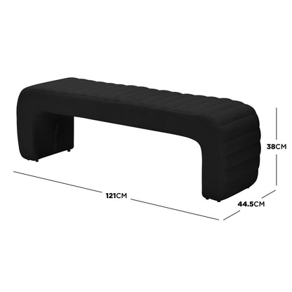 Modern Josie Curved Boucle Fabric Bench Seat in Black, featuring a rectangular shape with gently rounded ends and subtly ribbed cushion surface, measuring 121 cm wide, 44.5 cm deep, and 38 cm tall.