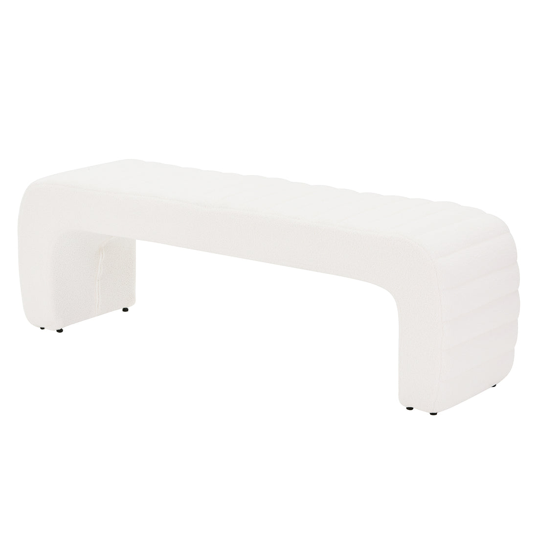 Josie Curved Boucle Fabric Bench Seat in Cream White, featuring a modern U-shaped design with gently rounded legs and a subtly ribbed, textured seat upholstered in soft boucle fabric.