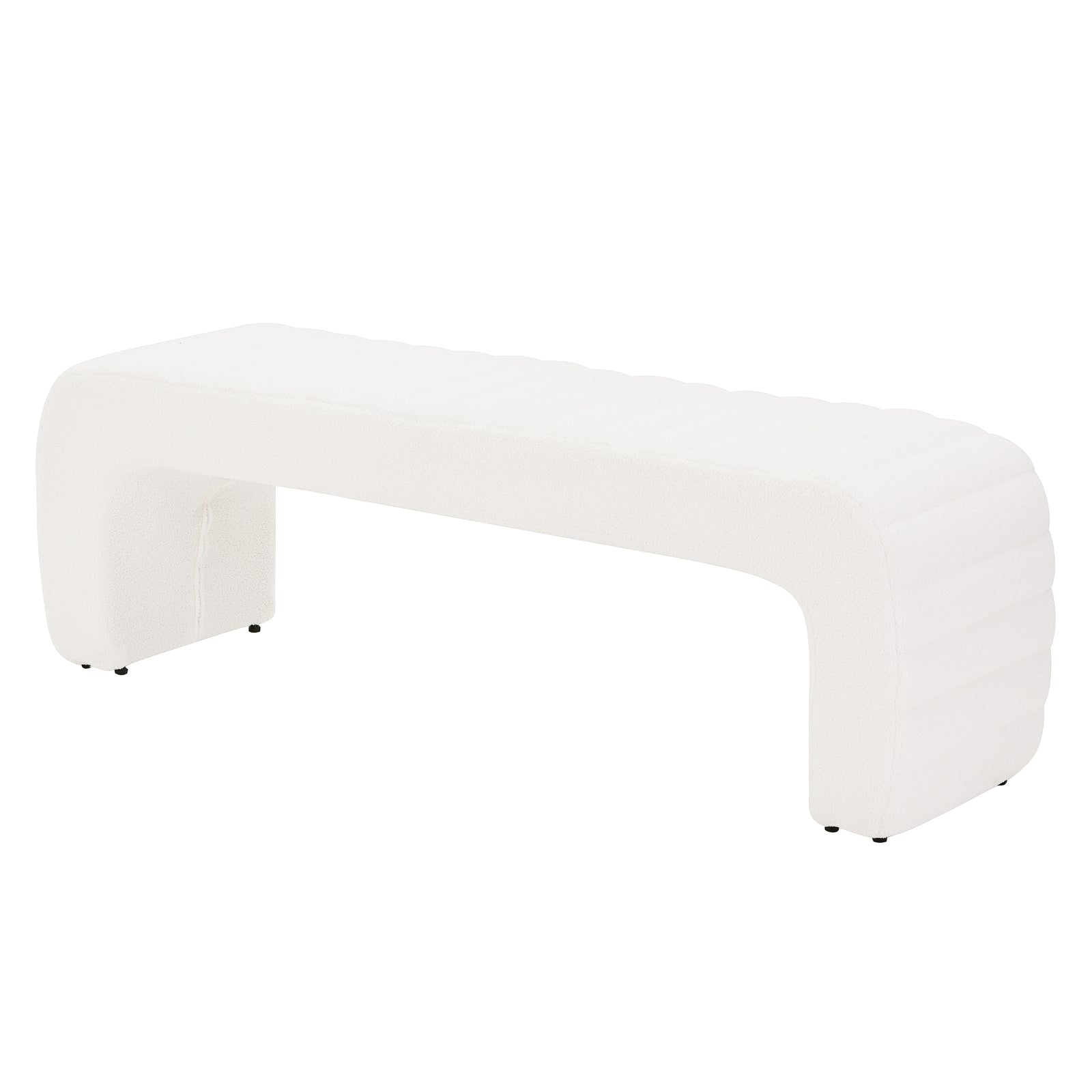 Josie Curved Boucle Fabric Bench Seat in Cream White, featuring a modern U-shaped design with gently rounded legs and a subtly ribbed, textured seat upholstered in soft boucle fabric.
