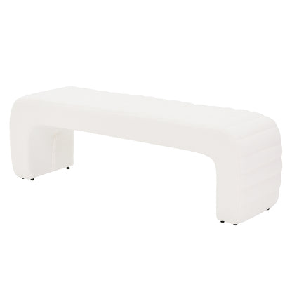 Josie Curved Boucle Fabric Bench Seat in Cream White, featuring a modern U-shaped design with gently rounded legs and a subtly ribbed, textured seat upholstered in soft boucle fabric.