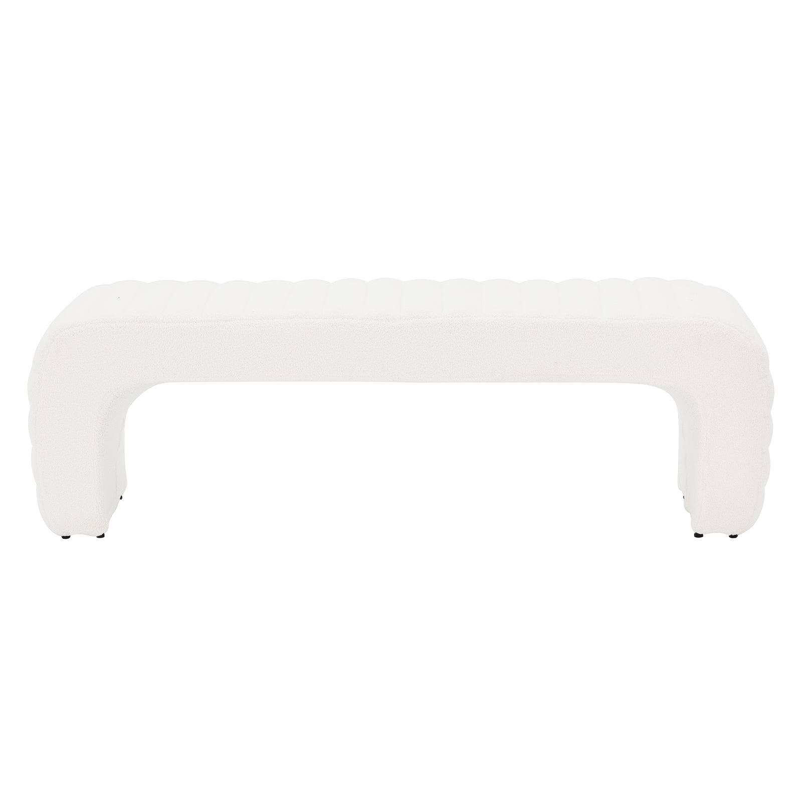 Josie Curved Bouclé Fabric Bench Seat in Cream White features a modern U-shaped design with textured bouclé upholstery, seamlessly integrated legs, and a sleek, low-profile silhouette ideal for stylish, comfortable seating.