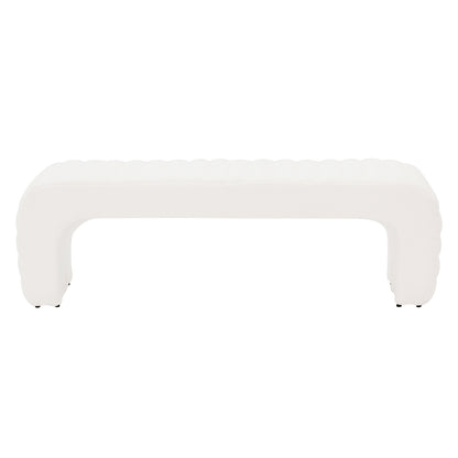 Josie Curved Bouclé Fabric Bench Seat in Cream White features a modern U-shaped design with textured bouclé upholstery, seamlessly integrated legs, and a sleek, low-profile silhouette ideal for stylish, comfortable seating.