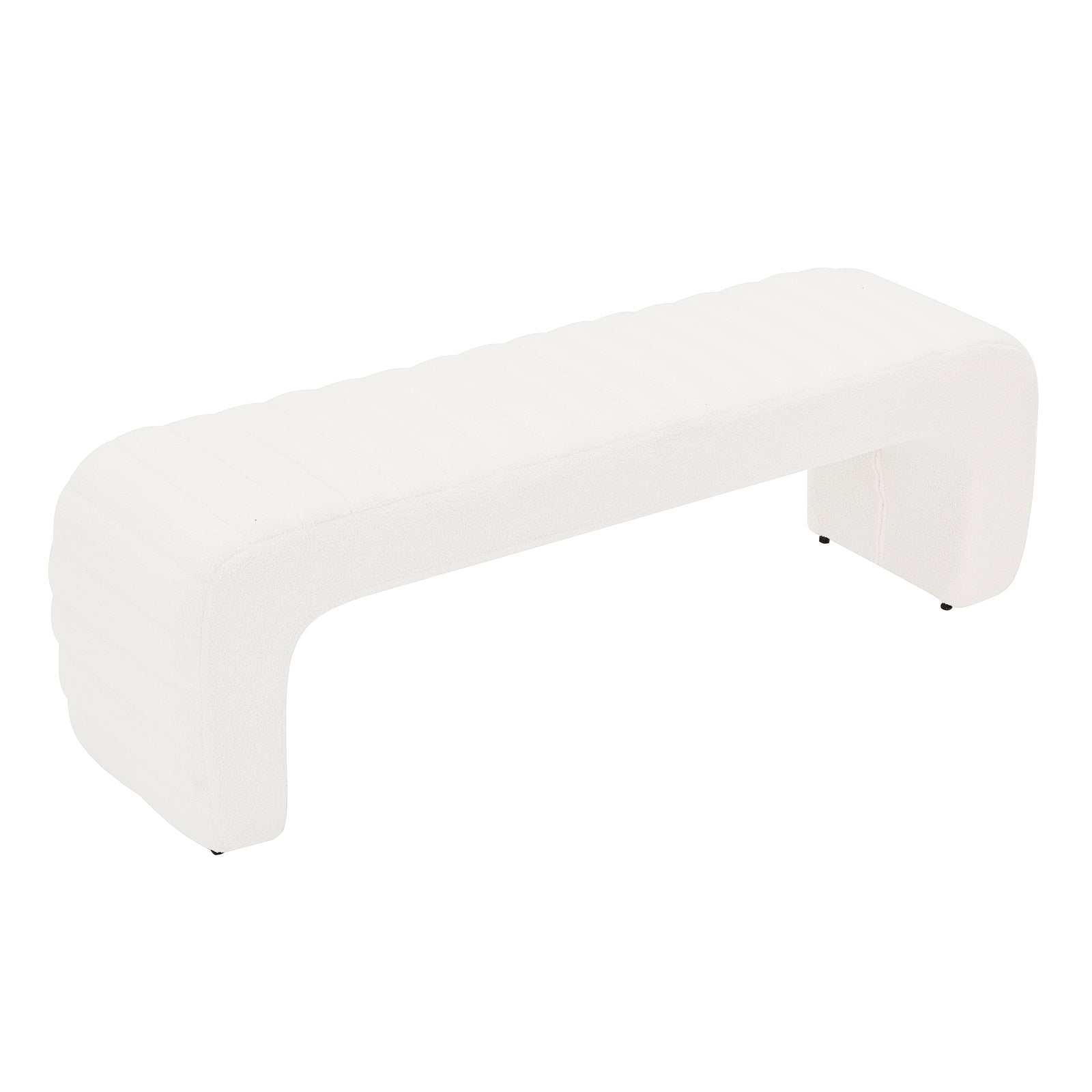 Josie Curved Bouclé Fabric Bench Seat in Cream White, featuring a low, armless design with a gently curved U shape, rounded ends, and subtle channel stitching for a softly ribbed effect.