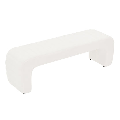 Josie Curved Bouclé Fabric Bench Seat in Cream White, featuring a low, armless design with a gently curved U shape, rounded ends, and subtle channel stitching for a softly ribbed effect.