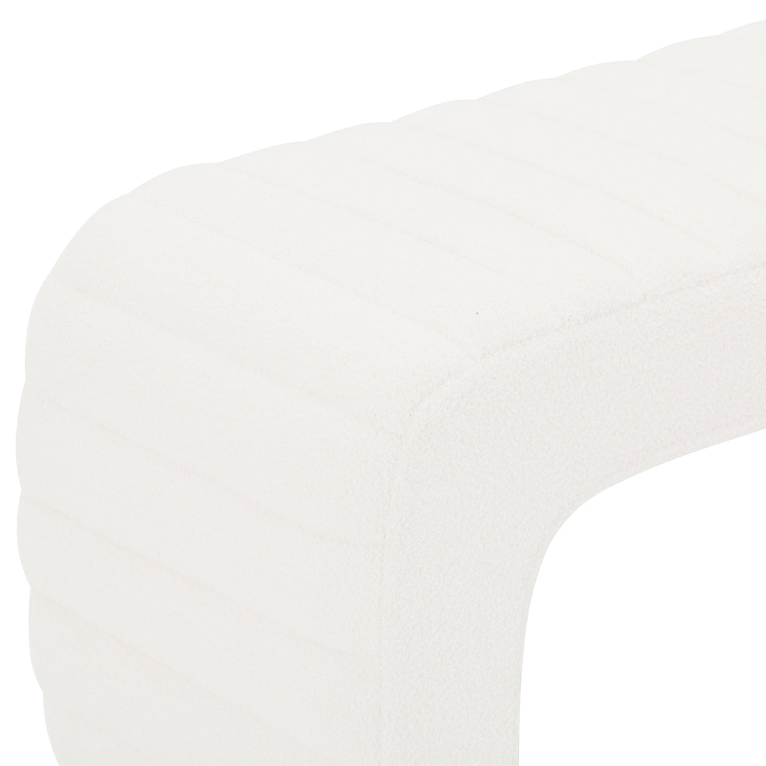 Josie Curved Bouclé Fabric Bench Seat in Cream White features a modern design with rounded corners and an arched cut-out base, upholstered in textured bouclé fabric for a stylish and comfortable seating solution.