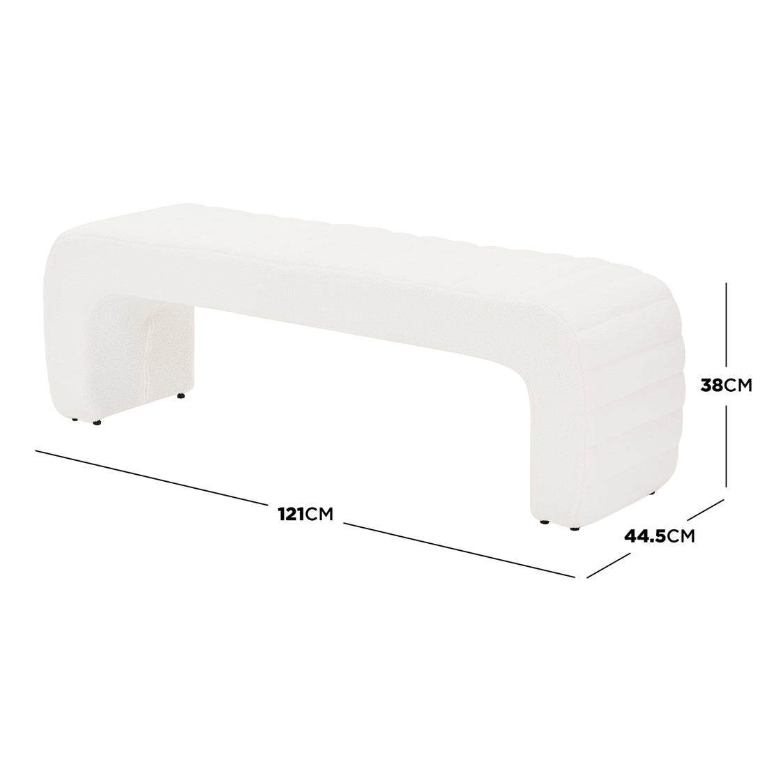 Josie Curved Bouclé Fabric Bench Seat in Cream White, featuring a modern low-profile design with softly rounded U-shaped ends, upholstered in textured bouclé fabric, measuring 121 cm long, 44.5 cm deep, and 38 cm tall.