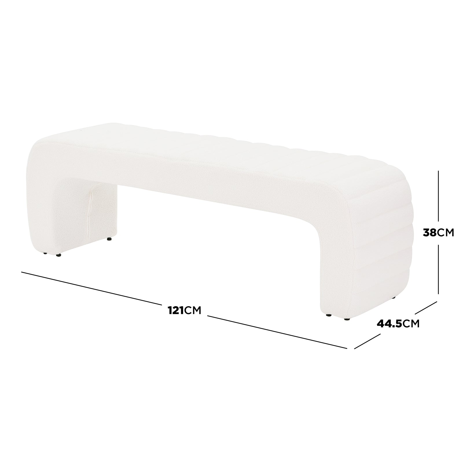 Josie Curved Bouclé Fabric Bench Seat in Cream White, featuring a modern low-profile design with softly rounded U-shaped ends, upholstered in textured bouclé fabric, measuring 121 cm long, 44.5 cm deep, and 38 cm tall.