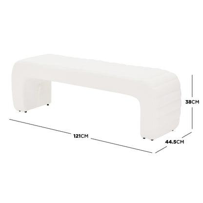 Josie Curved Bouclé Fabric Bench Seat in Cream White, featuring a modern low-profile design with softly rounded U-shaped ends, upholstered in textured bouclé fabric, measuring 121 cm long, 44.5 cm deep, and 38 cm tall.