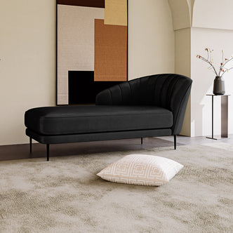 Kaj Velvet Daybed with Left Armrest in Black, featuring a sleek design with low profile, black velvet upholstery, slim metal legs, set in a minimal modern interior corner with subdued elegance.