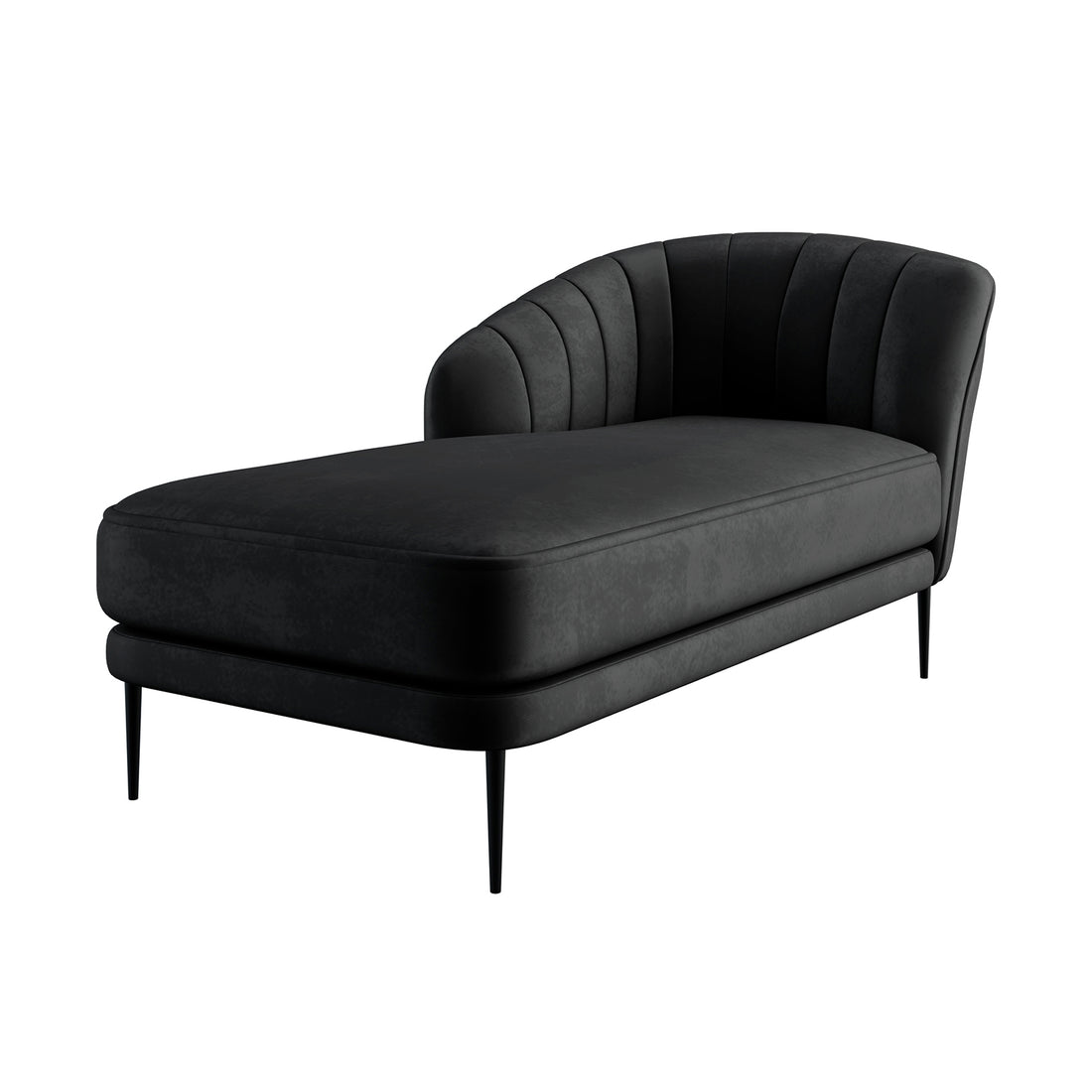 Kaj Velvet Daybed with Left Armrest in Black features a sleek, modern design with a channel-stitched backrest, long cushioned seat, and slender metal legs, perfect for contemporary living spaces.