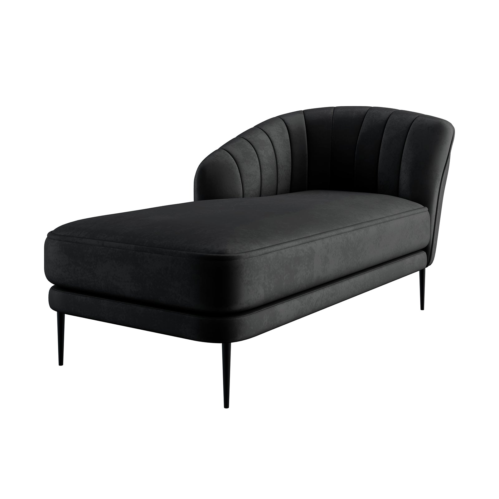 Kaj Velvet Daybed with Left Armrest in Black features a sleek, modern design with a channel-stitched backrest, long cushioned seat, and slender metal legs, perfect for contemporary living spaces.