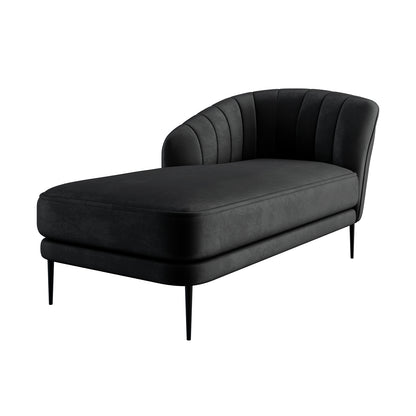 Kaj Velvet Daybed with Left Armrest in Black features a sleek, modern design with a channel-stitched backrest, long cushioned seat, and slender metal legs, perfect for contemporary living spaces.