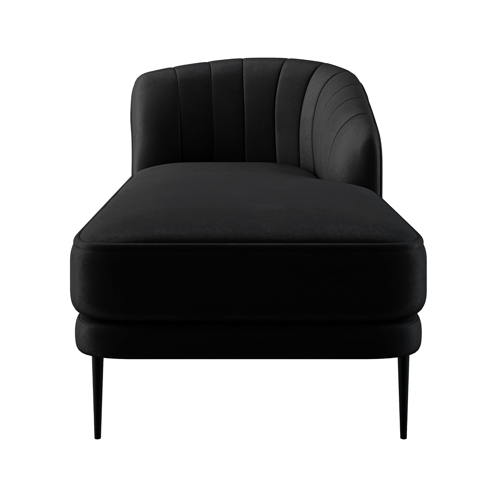 Kaj Velvet Daybed with Left Armrest in Black, featuring a modern design with a curved backrest, slender tapered legs, and upholstered in durable velvet fabric, perfect for versatile living spaces.