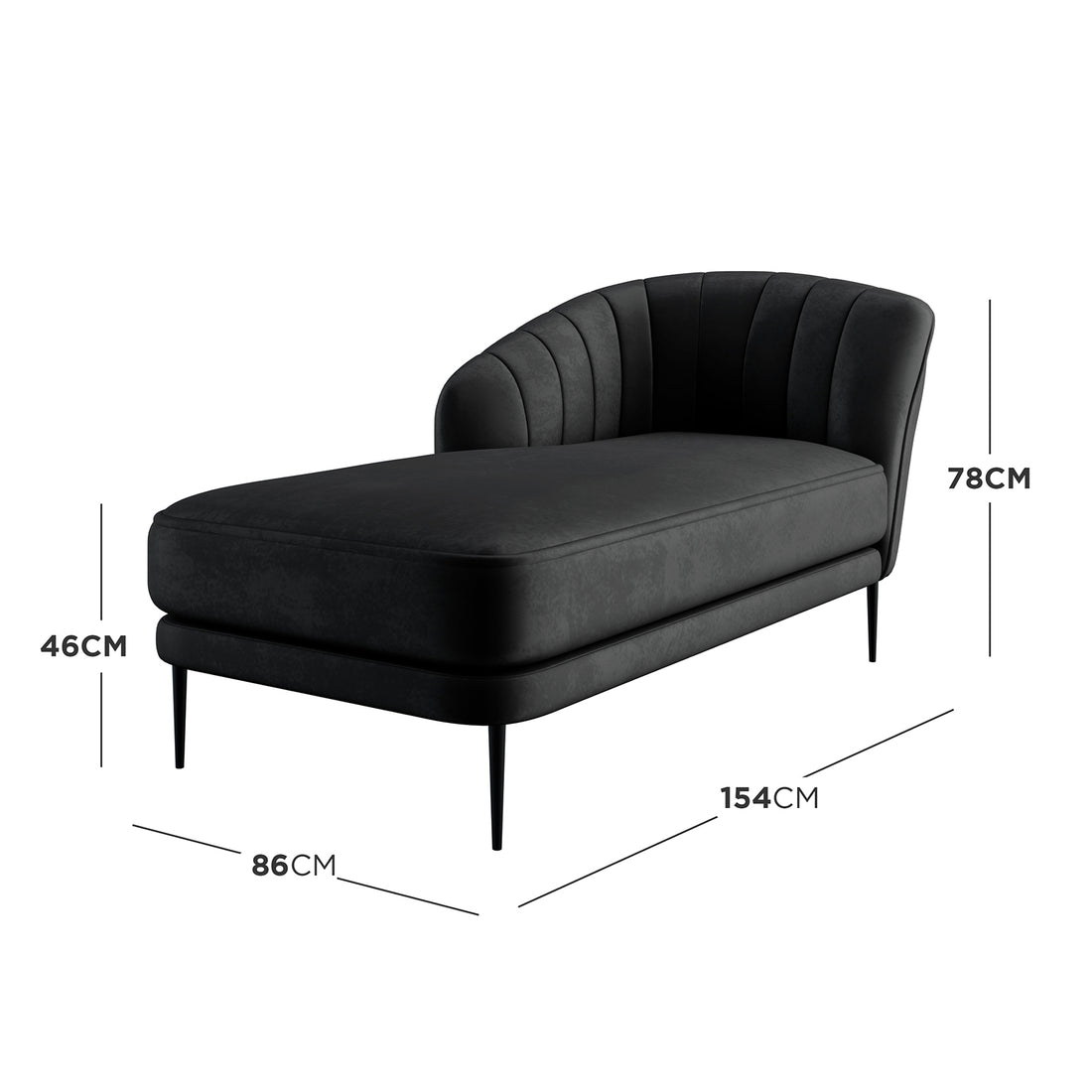 Kaj Velvet Daybed with Left Armrest in Black features a gently curved, channel-stitched back, thick padded seat cushion, and slender tapered legs. Dimensions are highlighted for overall length, width, and height.