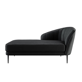 Close-up of the Kaj Velvet Daybed Right Armrest, showcasing its sleek black velvet upholstery, plush cushion, and modern steel legs, highlighting its luxurious design and sturdy build.