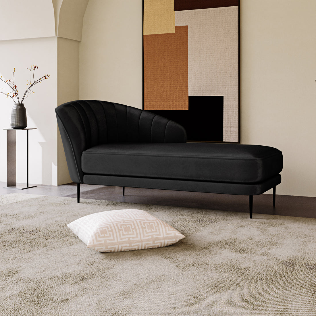 Kaj Velvet Daybed with Right Armrest in Black