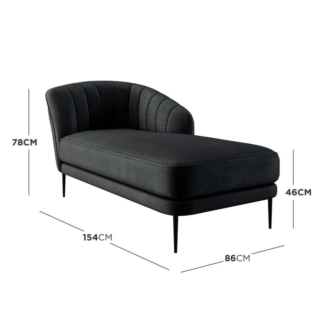 Kaj Velvet Daybed with Right Armrest in Black