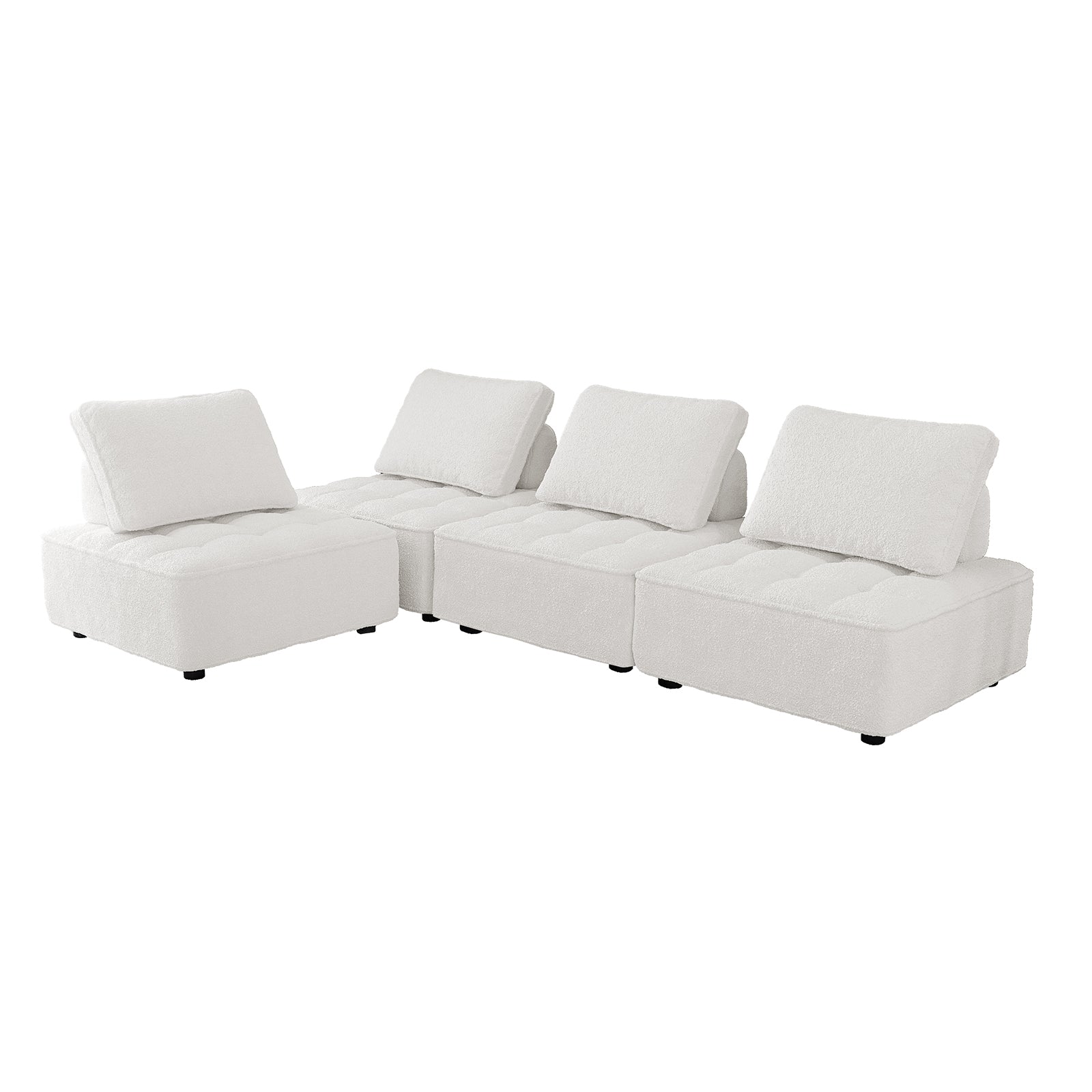 Kazumi 4 Seater Boucle Modular Sofa Set in Cream White, featuring four low, tufted, armless seat blocks with loose angled back cushions, creating a contemporary and customizable lounge configuration.