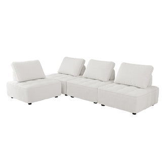 Kazumi 4 Seater Boucle Modular Sofa Set in Cream White, featuring four low, tufted, armless seat blocks with loose angled back cushions, creating a contemporary and customizable lounge configuration.
