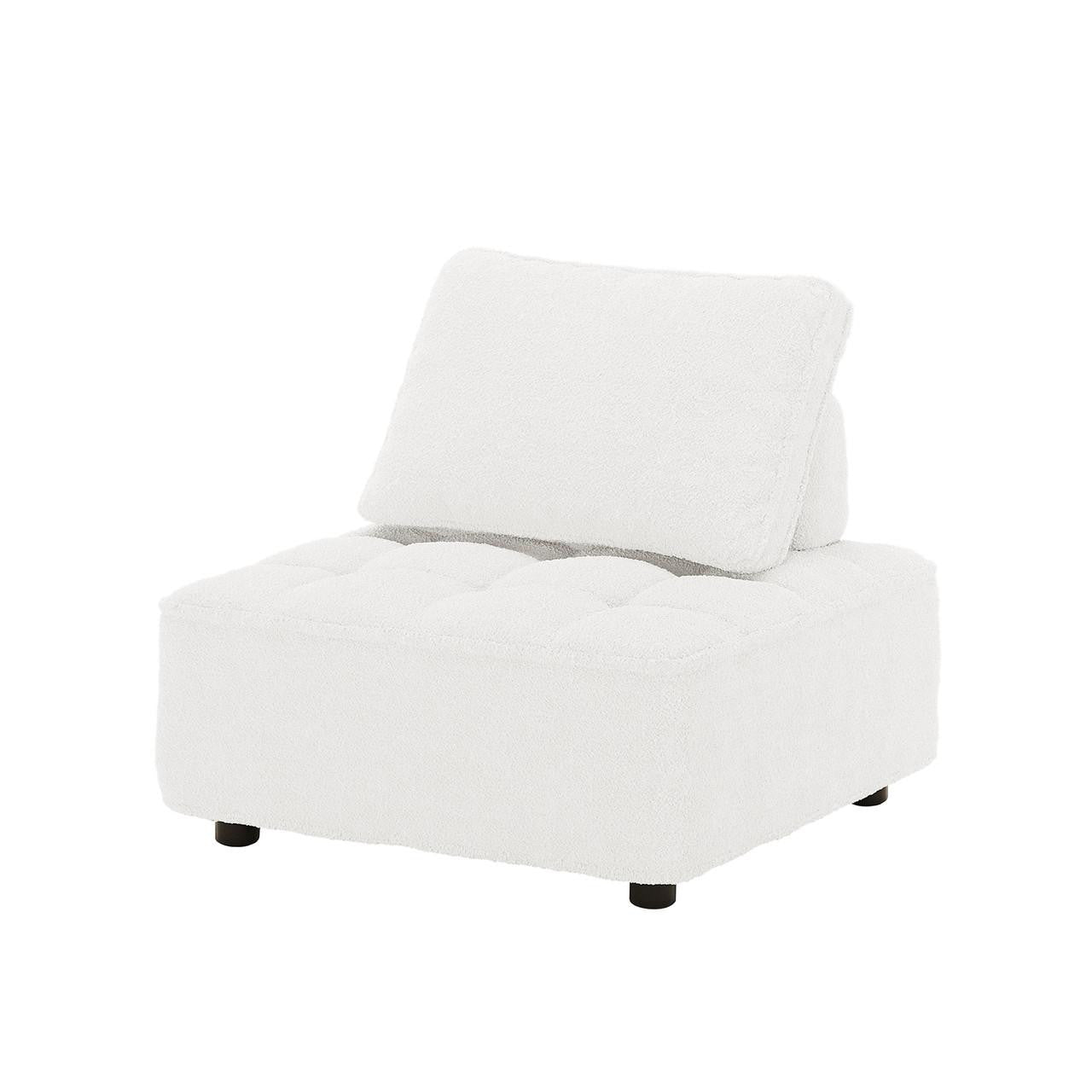 Kazumi 4 Seater Boucle Modular Sofa Set in Cream White featuring an armless lounge chair design with tufted seat cushion, loose back cushion, and short black legs.