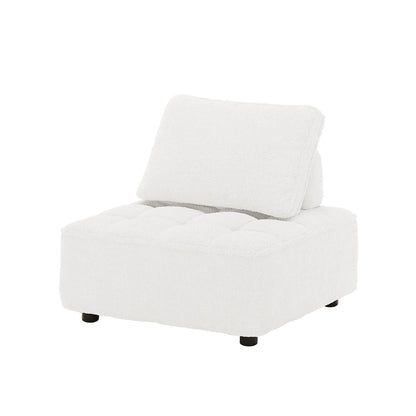 Kazumi 4 Seater Boucle Modular Sofa Set in Cream White featuring an armless lounge chair design with tufted seat cushion, loose back cushion, and short black legs.