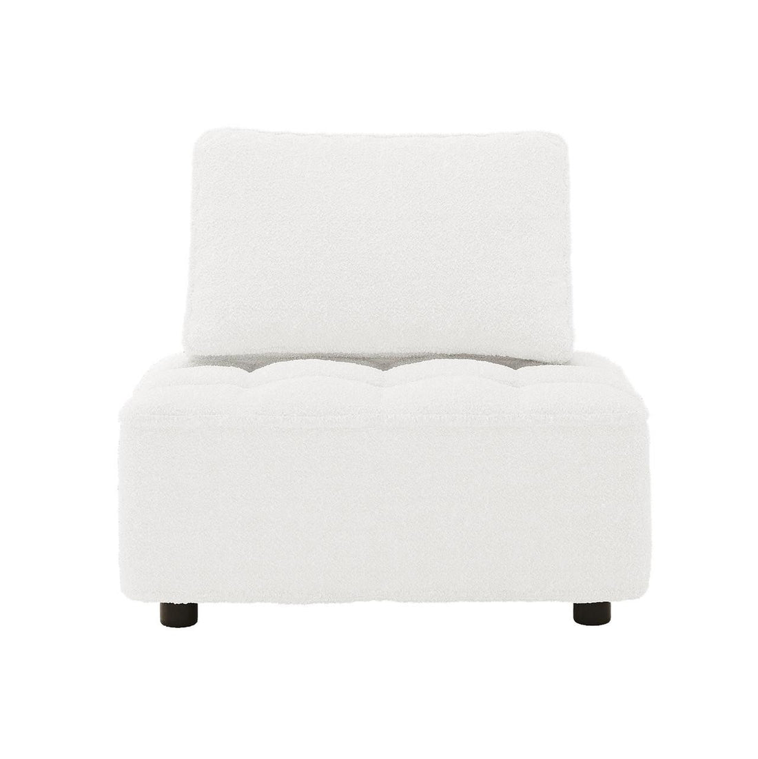 Kazumi 4 Seater Boucle Modular Sofa Set in Cream White, featuring a tufted seat, removable back cushion, armless design, and resting on short black legs, showcasing modular versatility and elegance.