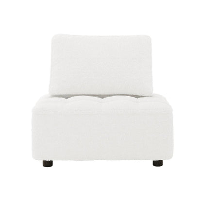 Kazumi 4 Seater Boucle Modular Sofa Set in Cream White, featuring a tufted seat, removable back cushion, armless design, and resting on short black legs, showcasing modular versatility and elegance.