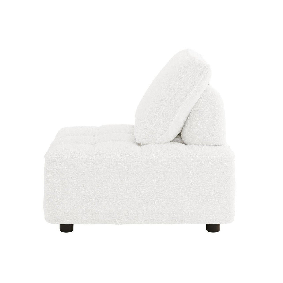 Kazumi 4 Seater Boucle Modular Sofa Set in Cream White featuring a single-seat, armless module with textured fabric, square tufted cushion, two loose back cushions, and cylindrical wooden legs.
