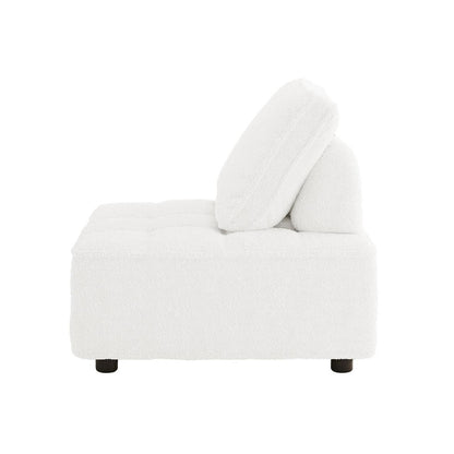 Kazumi 4 Seater Boucle Modular Sofa Set in Cream White featuring a single-seat, armless module with textured fabric, square tufted cushion, two loose back cushions, and cylindrical wooden legs.