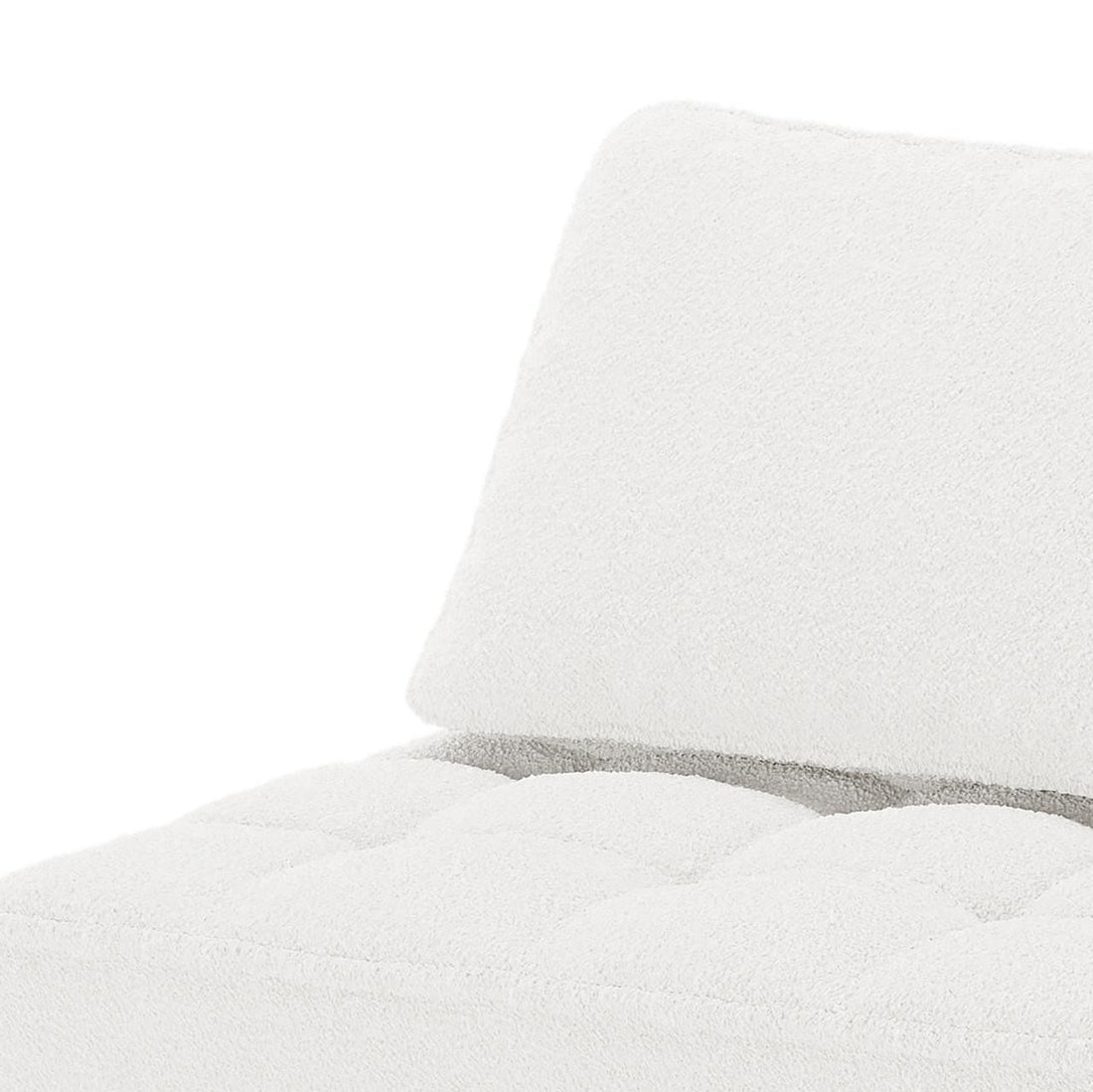 Close-up of the textured, tufted seat cushion and back pillow of the Kazumi 4 Seater Boucle Modular Sofa Set in Cream White, showcasing its soft boucle fabric and modern design.