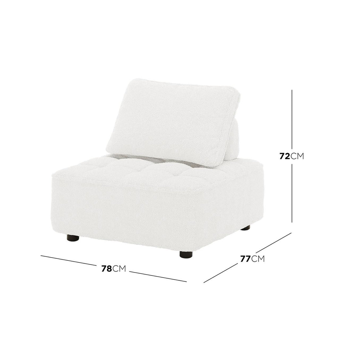 Kazumi 4 Seater Boucle Modular Sofa Set in Cream White features a single-seat, armless module with white sherpa-style upholstery, tufted cushion, and low padded backrest, measuring approximately 78×77×72 cm.