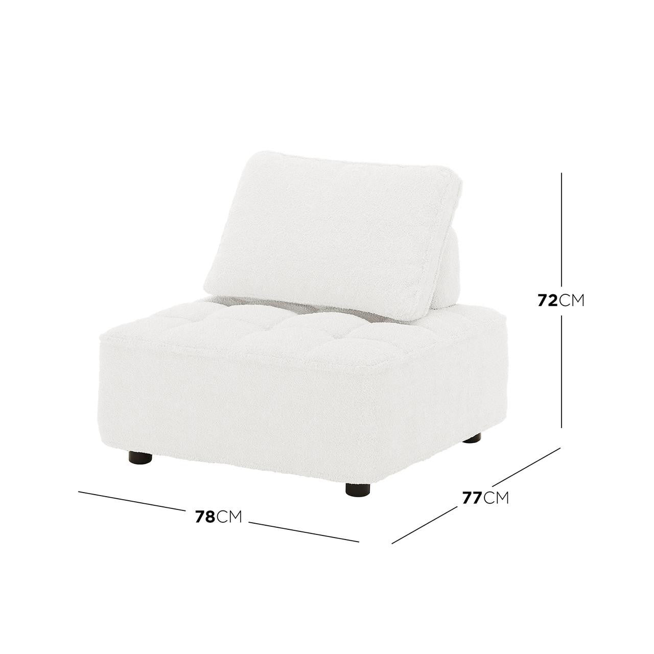 Kazumi 4 Seater Boucle Modular Sofa Set in Cream White features a single-seat, armless module with white sherpa-style upholstery, tufted cushion, and low padded backrest, measuring approximately 78×77×72 cm.